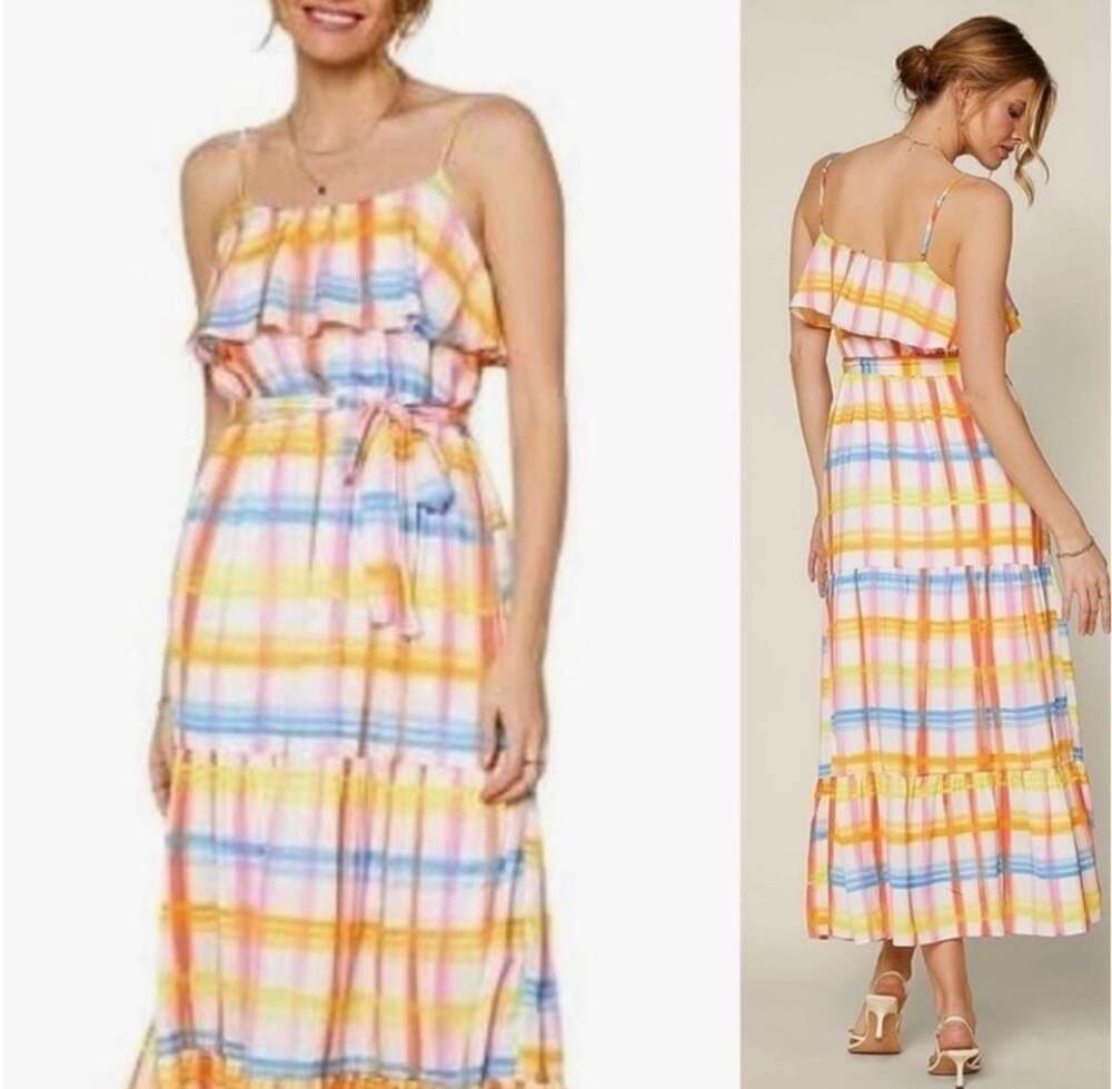 Skies Are Blue Sunkissed Plaid Tiered Maxi Dress Size XS